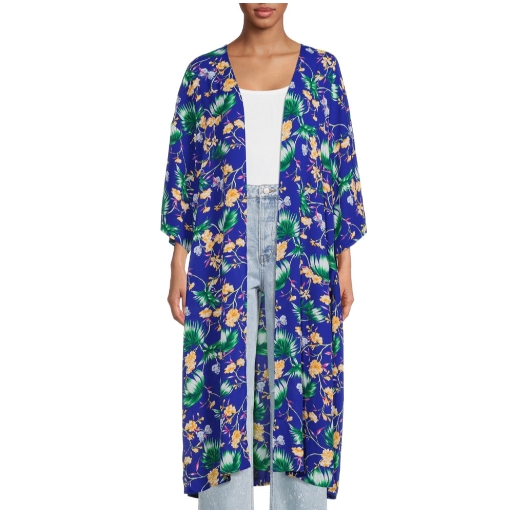 Pioneer Woman Open Front Printed Duster Enamel Blue Floral Plus Kimono - 2X/3X - Picture 12 of 12